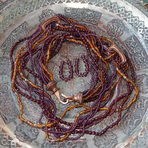 BoHo Long Opera Copper-Jewel Color Beaded Necklace & Earring Set